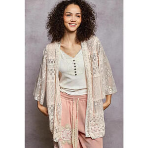Lace Floral Open Front Cardigan with Trim Detail